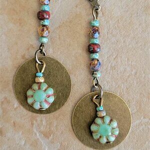 Czech CACTUS FLOWER Fire polish Picasso Bead Earrings Bronze Brass Lever Back